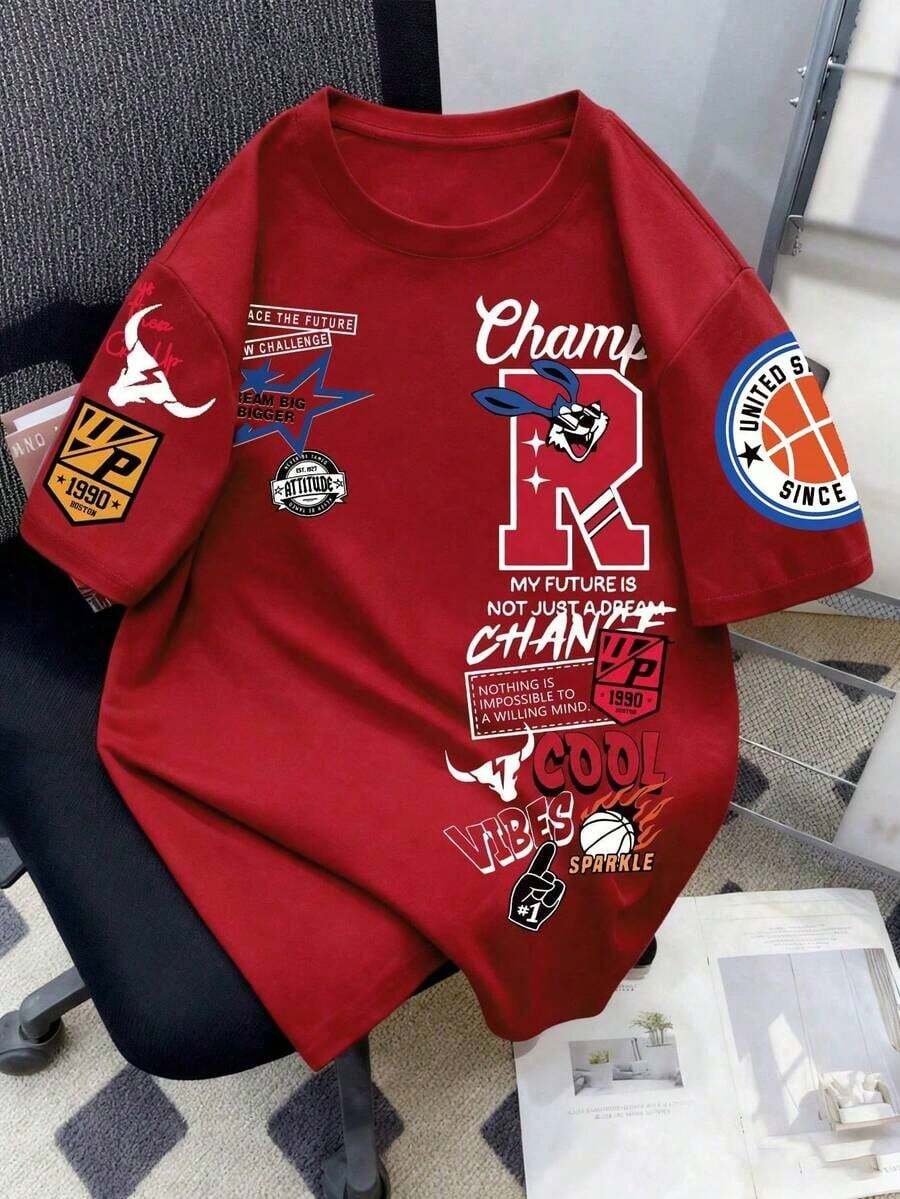Camiseta de manga corta minimalista de estilo callejero, con corte cropped y oversize, para hombre de talla grande.Diseño moderno y sencillo, apto para uso diario casual.Composición simple pero llamativa, adecuada como regalo para novio u ocas - Rojo - Ver 1