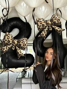 2pcs 40-Inch Black 0-9 Number Foil Balloons, Leopard Print Bow Shaped Balloons, Suitable For Birthday Party, Anniversary Decoration - Black Suit - View 3