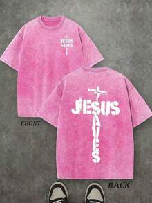 Jesus Graphic Print T-Shirt 'God Has A Plan', Double-Sided Print, Washed T-Shirt, Party Favors, Y2K Graphic Tees For Men, Vintage Washed Style T-Shirts - 紅色1 - 查看 5