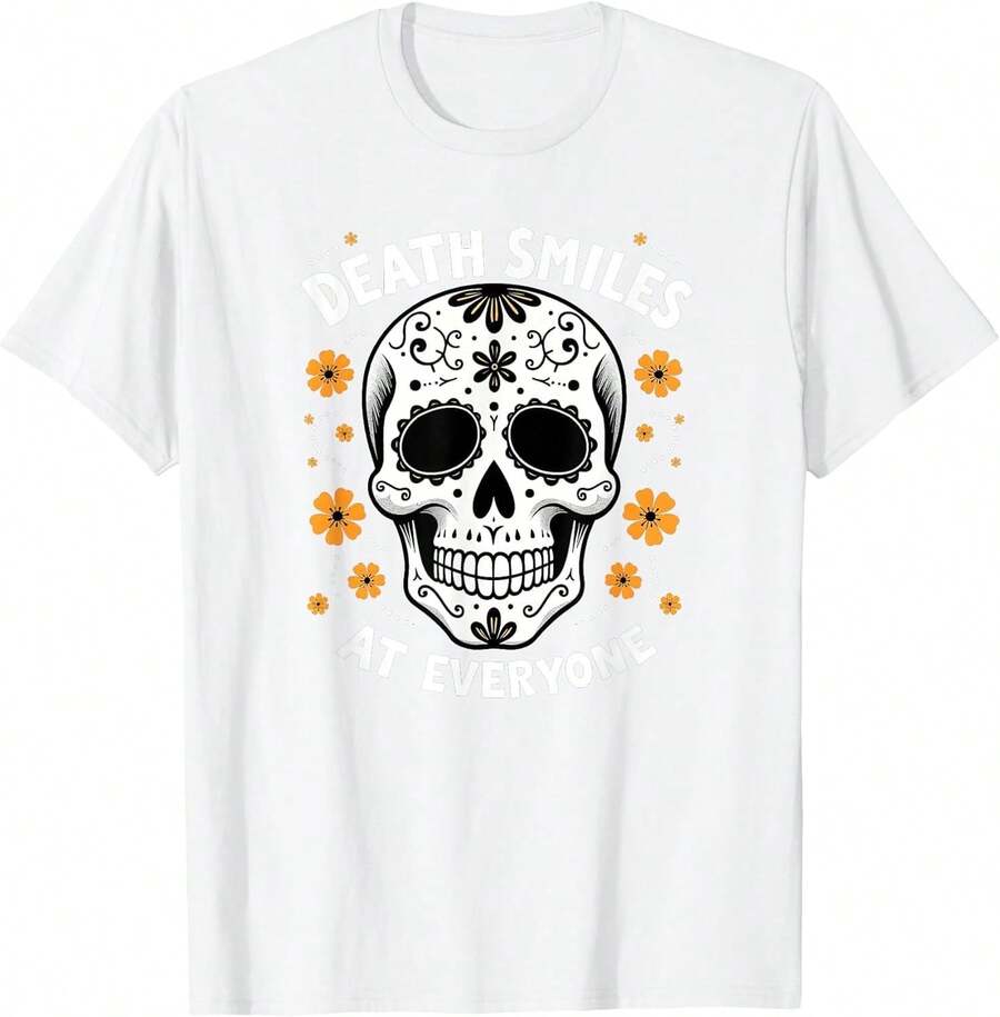 Camisetas estampadas de modaDia de los Muertos Smiling Skull Art T-Shirt,Conjuntos familiares a juego, camisetas divertidas para mujer en español, camisetas para niños y niñas, camisetas del Mundial 2026, camisetas de dibujos animados/anime, camisetas con estampado de gatitos. - Blanco - Ver 1