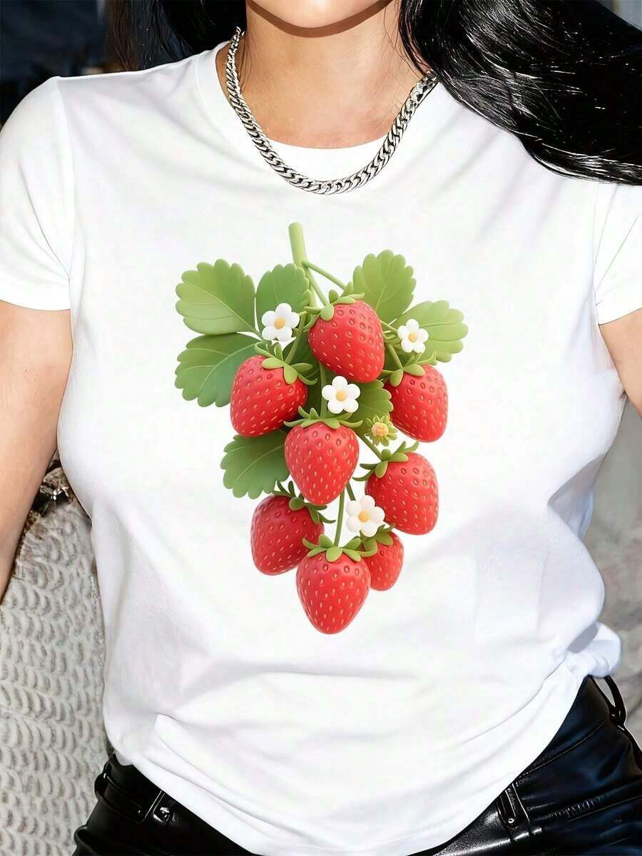 Nuevas llegadas para el verano. Camiseta de Mujer con Estampado de Fresas 3D y Cuello Redondo - Tela Suave, Transpirable y Elástica, Camiseta Casual de Manga Corta para Primavera/Verano, Lavable a Máquina - Blanco y Negro, Camiseta de Fresas, Ropa de Estilo Urbano, Camiseta con Diseño Divertido, Blusa de Elasticidad Media, Camisa > Hermosa. - Blanco - Ver 1