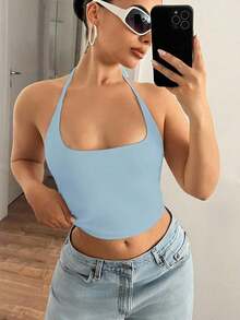 Camiseta de mujer de tirantes con cuello halter de unicolor - Azul - Ver 3