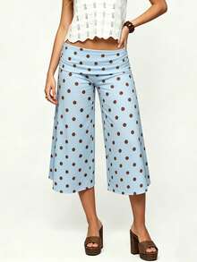 Women Casual Fold Over Loose Fit Capri Pant Leg Cropped Flowy Cotton Gaucho Pants Comfy Casual Yoga Coluttes Pajama Bottom Soft Comfortable Cropped Trouser Lounge Sleepwear Bottoms - 淺色水洗藍 - 查看 2