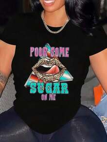 Women's Black T-Shirt With Leopard Mouth Graphic - Text "Give Me A Sugar O", Casual Round Neck, Micro-Elastic Fabric, Perfect Layer, Summer And Autumn, Casual Round Neck Printed Short Sleeve Everyday T-Shirt, They Are Excellent Gifts For Friends And Family, 100% Cotton T-Shirts Feature, A Youthful And Fashionable Design - 黑色 - 查看 8