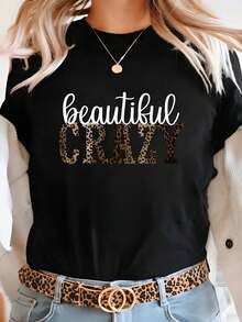 Women's T-Shirt With Beautiful White Lettering And A Striking Brown Animal Pattern, A Striking Contrasting Composition - Black - View 8