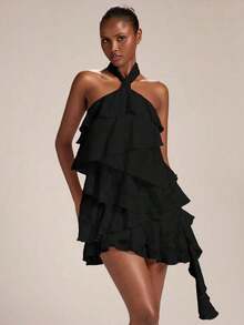 Vestido mini con cuello de halter, estampado de teñido anudado con flores rojas y volantes en el bajo, adecuado para fiestas, vacaciones, banquetes, bodas, salidas nocturnas, citas románticas, primavera/verano - Negro - Ver 1