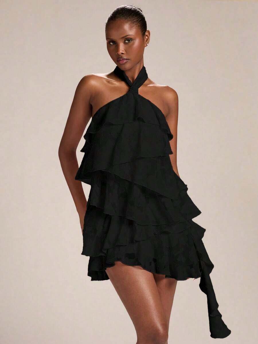 Vestido mini con cuello de halter, estampado de teñido anudado con flores rojas y volantes en el bajo, adecuado para fiestas, vacaciones, banquetes, bodas, salidas nocturnas, citas románticas, primavera/verano - Negro - Ver 1