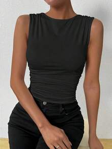 Camiseta de tirantes ajustada con cuello de tripulación y pliegues de unicolor de verano para mujer - Negro - Ver 6