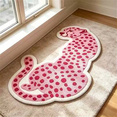 1pc Pink & White Leopard Shaped Doormat, Small Rug, Welcome Mat, Carpet, Floor Mat, Outdoor Doormat, Kitchen Rug, Home Decor, Front Door Mat, Area Small Rug, Outdoor Mat, Home Decor, Area Rug, Garden Rug, Washable Carpet