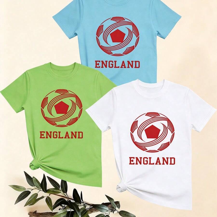 Women's T-Shirts, Women's T-Shirts, Short-Sleeved T-Shirt With Round Neck, Casual Sporty Style, With Football Print And England Lettering. - 1件白色隨機圖案 - 查看 1