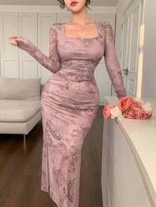 Vestido con estampado floral de primavera y verano, vestido elegante de manga larga transparente con dobladillo de sirena ajustado para festival de música, boda, fiesta, vestido de paseo - Rosa - Ver 8