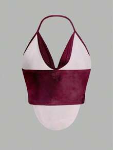 Top de cuello halter para fiesta sin espalda con fornteras drapeadas y diseño sólido - Burdeos 2 - Ver 7