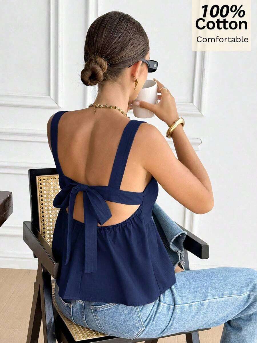 Camiseta de tirantes de mujer de 100% algodón con nuevo estampado floral marrón - Azul marino - Ver 1