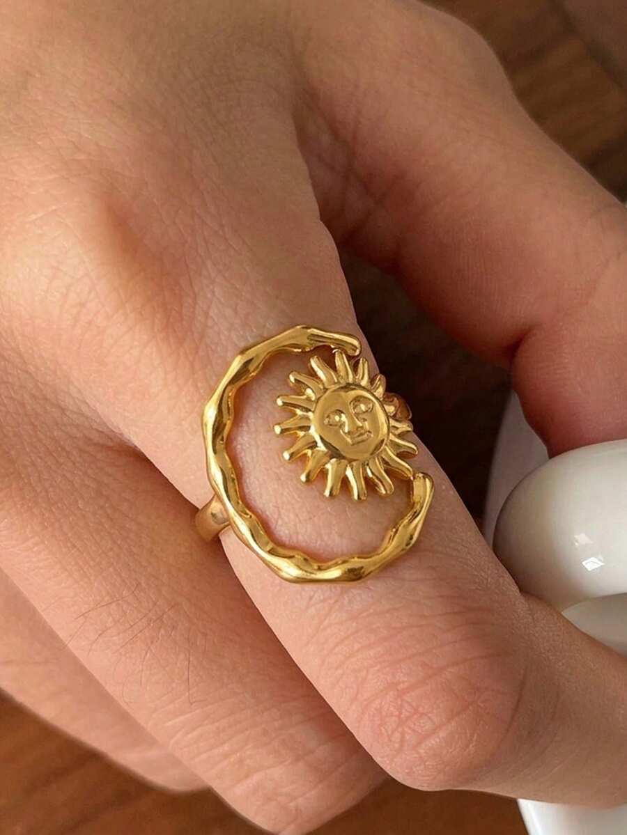 1枚18K镀金不锈钢日月图案可调节开口戒指,简约奢华风格 - 金色 - 查看 1