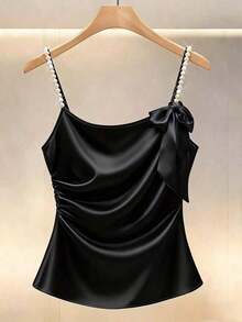 2026 Nueva Primavera/Verano Romántico Francés y Maduro Tela de Satén Lujoso Suave Camiseta de Perlas con Decoración de Lazo, Diseño Minimalista Elegante pero Sexy Blusa sin Mangas para Mujer - Negro - Ver 7