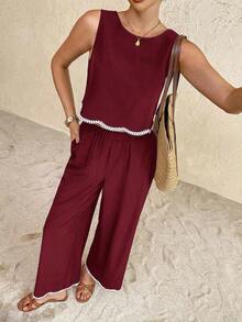Conjunto de 2 piezas de top de tirantes y pantalones de moda casual de vacaciones para mujer - Burdeos - Ver 7