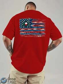 American Flag And Fish Print Short-Sleeve T-Shirt Featuring A Design That Combines The American Flag With Fishing Elements. Suitable For Outdoor Fishi - 紅色 - 查看 4