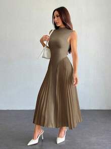 Vestido ajustado de línea A con pliegues elegante para mujer - Caqui - Ver 2