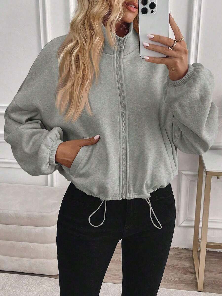 Women's Casual Long Sleeve Hoodie With Adjustable Drawstring And Zipper, Women's Airport Clothing, Three-Quarter Sleeve Blouses For Autumn/Winter. - 灰色 - 查看 1