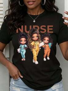 1 Piece Women's Round Neck T-Shirt With Cartoon Nurse Character Print, Soft, Comfortable And Breathable Fabric, Versatile For All Seasons, Practical, Convenient, Fashionable Women's Clothing, Elegant And Soft Texture, Suitable For Casual And Sports Wear, Essential Garment For Holidays, 180g 100% Cotton. - 白色 - 查看 11