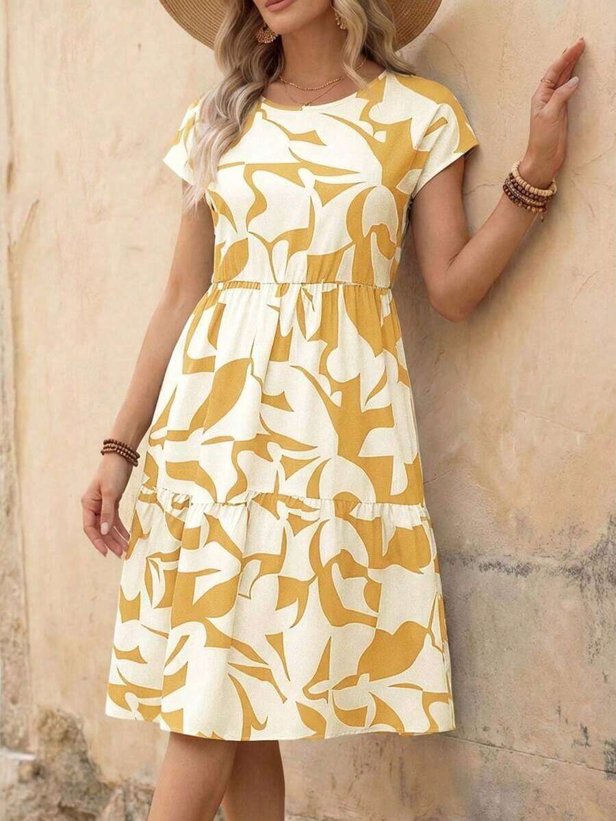 Vestido casual corto de manga corta con cuello redondo y estampado geométrico para mujer, primavera/verano - Amarillo - Ver 1
