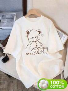 Simple And Versatile Design, Women's Clothing, Fashionable White Cotton Casual T-Shirt, Adorned With A Bear Pattern, Fully Showcasing Feminine Charm. - 白色 - 查看 1