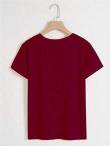 r de manga corta con cuello redondo, estampado de leopardo y gráfico de letras, de estilo casual - Rojo - Ver 2