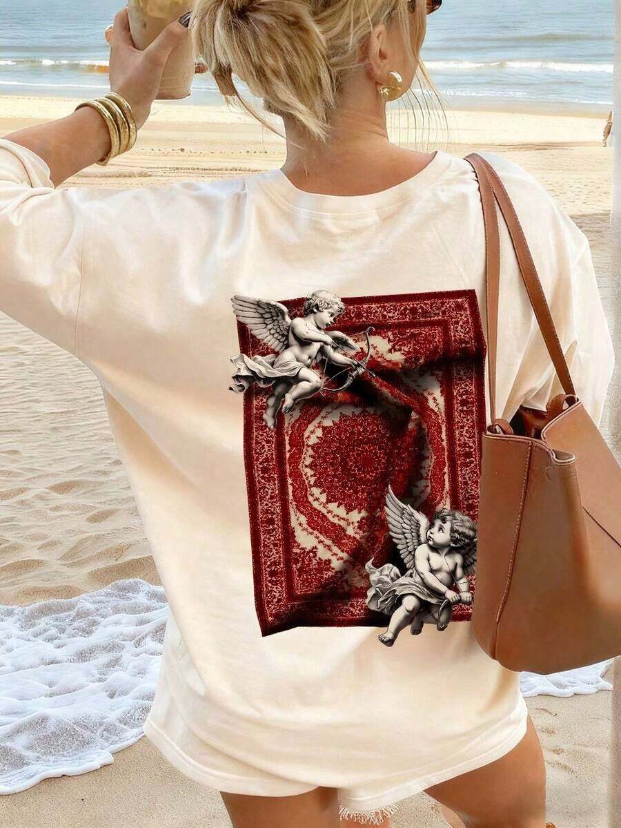 Women's Summer T-Shirt With Letter Print, Round Neck And Short Sleeves, Casual Style, Loose And Versatile For Vacation, Summer Fashion For Daily And Festive Wear, Black - 杏子 2 - 查看 1