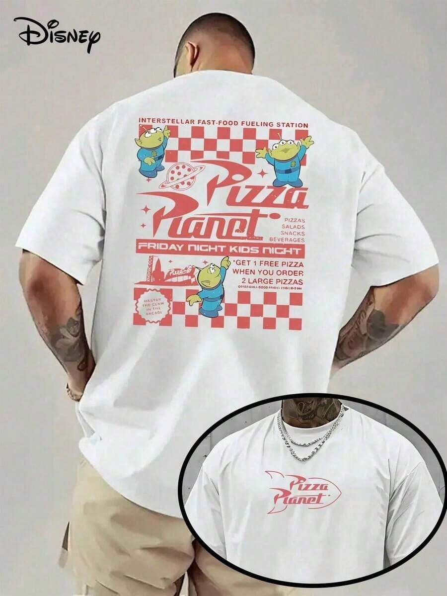 Disney Men's Casual T-Shirt, "Pizza Planet" Alien Print (Back & Front), Retro & Fun Design, Ideal For Fans & Casual Outings - 白色 - 查看 1
