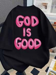 Mexican Basic Casual Short Sleeve Crew Neck T-Shirt With "God Is Good" Graphic Print, Comfortable Plus Size Crew Neck T-Shirt For Women, Spring And Summer, Black, New Launch - 黑色 - 查看 4