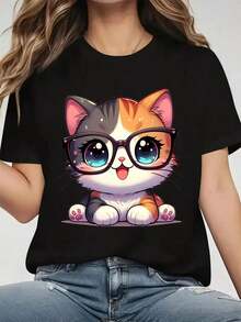 100% Cotton Women's Casual Short Sleeve T-Shirt With Cute Cat Print Wearing Glasses - Breathable Round Neck, Comfortable For Spring And Summer, Machine Washable Activewear, Fun Design, Non-See-Through Material - 黑色 - 查看 7