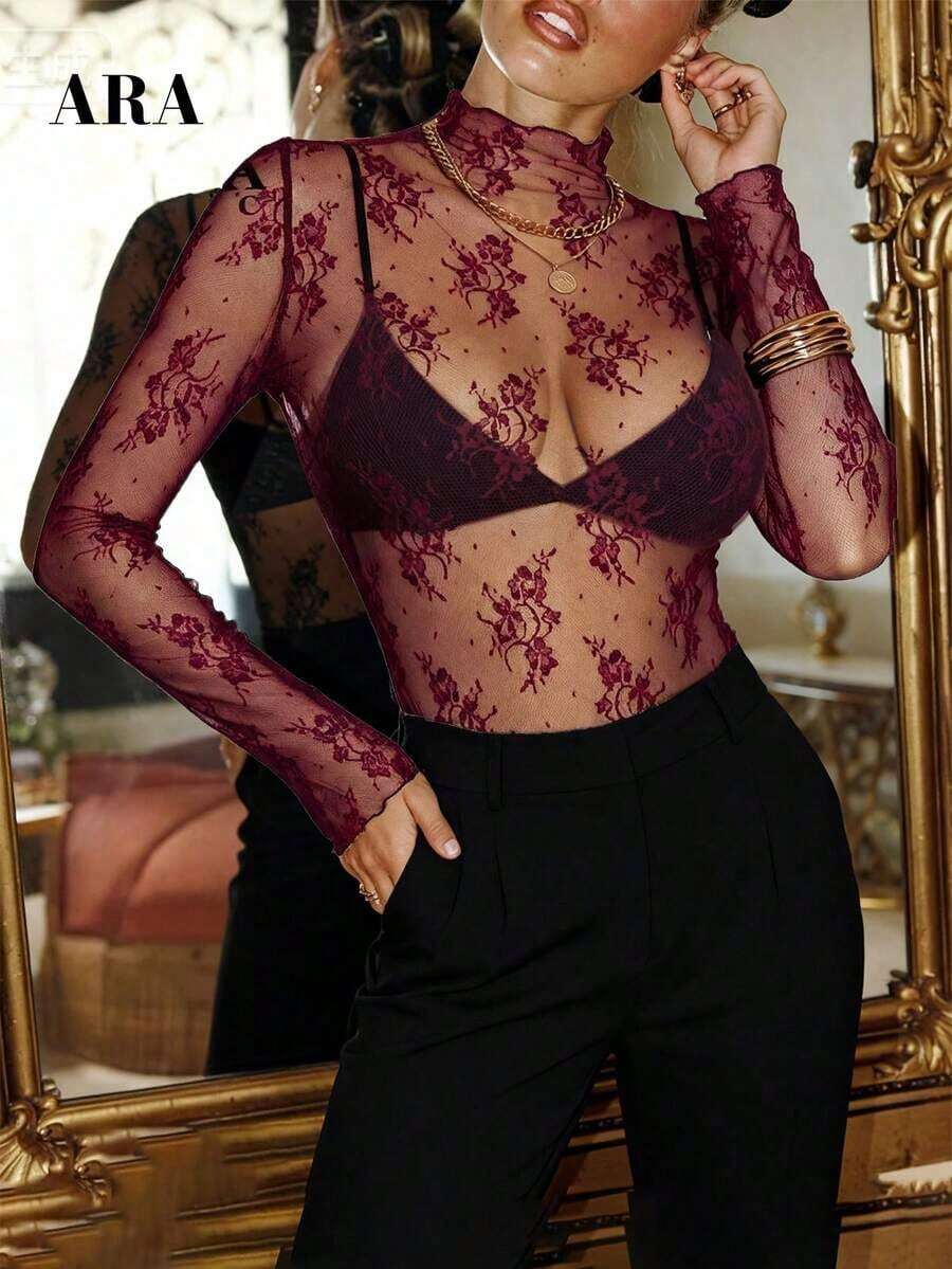 Blusa negra sexy de manga larga con encaje elástico para mujer , con cuello alto, patrón floral transparente, elegante y con capas, ideal para primavera-verano, resort y citas - Burdeos - Ver 1