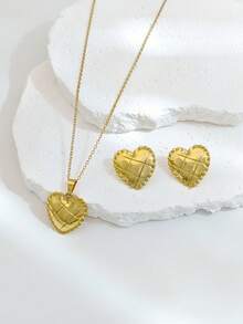 1 Set Stainless Steel Gold Jewelry Set For Women Quilted Heart Necklace Earrings, Hypoallergenic Textured Tarnish Free Gift For Her - Gold - View 5