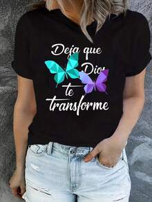 Camiseta de manga corta para mujer con diseño de fe cristiana en español - Camiseta de manga corta con texto en español y estampado de mariposas, hecha de tela suave y elástica, cuello redondo, ropa casual para la iglesia, lavable a máquina para comodidad durante todo el año, adecuada para estudiantes de español y como vestimenta para estudio bíblico, estilo deportivo elegante, con la frase en español "DEJAME QUIÉ DIOS to TRANSFORME" y diseño de mariposas, corte holgado e informal.una camiseta estampada muy distintiva / estilo unisex / adecuada tanto para hombres como para mujeres / resistente a las arrugas / transpirable - Negro - Ver 1