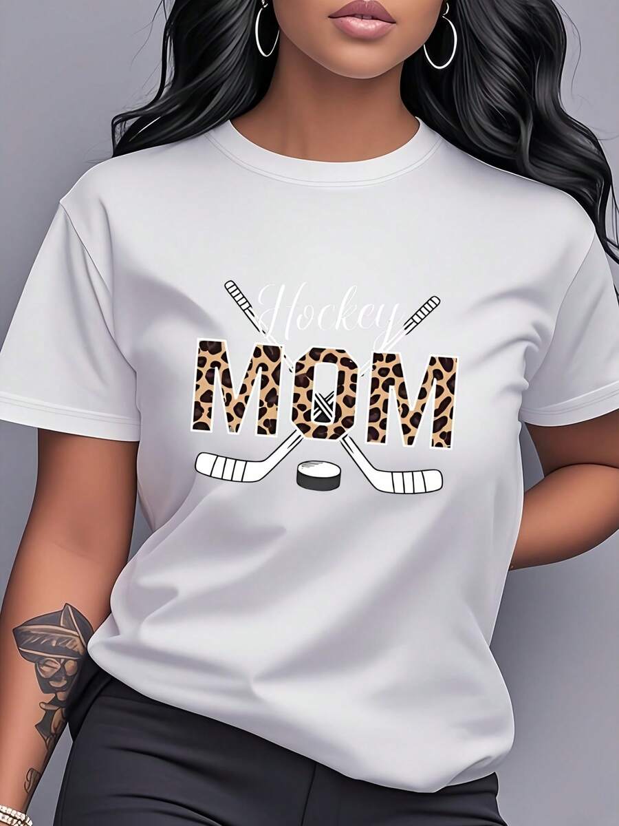 Women's T-Shirt Made Of Pure Cotton, Casual Loose Style, With "Ice Hockey Mom" Leopard Print, Short Sleeves And Round Neck, Modern And Casual Women's Clothing, Versatile, Unique And Fashionable, Sporty Style, Suitable For Daily Wear, Outings, Parties And As An Excellent Gift Choice. - 白色 - 查看 1