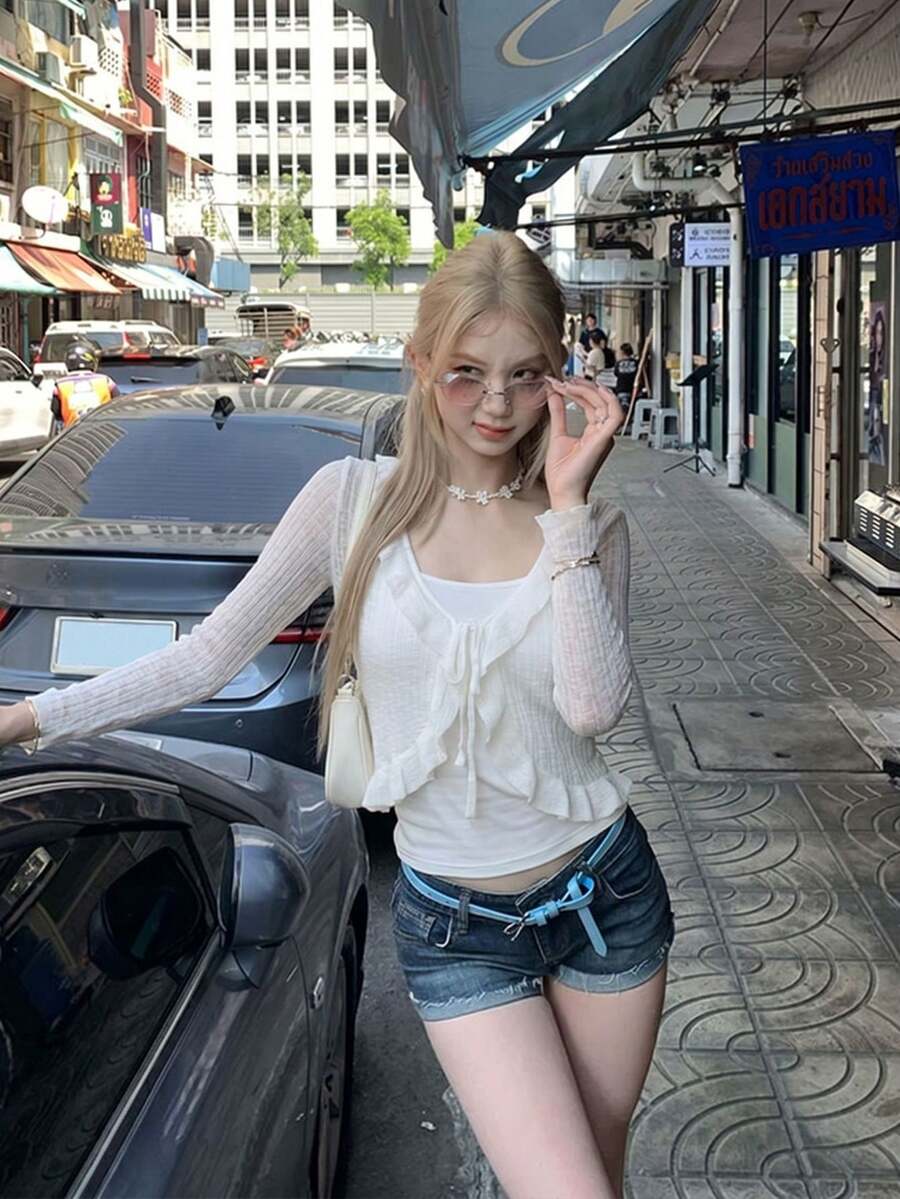 Áo khoác cardigan lụa băng giá kiểu Pháp dành cho nữ, có bèo nhún và thắt nơ phía trước | Áo khoác dệt kim dáng ôm ngắn, thích hợp cho kỳ nghỉ hè và phong cách đường phố. - trắng - Xem 1