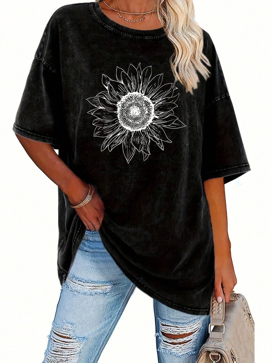 Camiseta de algodón lavado vintage para mujer estampado moderno algodón grueso 220g cuello redondo mangas cortas estilo callejero vintage lavable a máquina uso casual primavera verano camiseta holgada para mujer blusas para mujer camiseta de mujer nacional envio - Negro - Ver 1