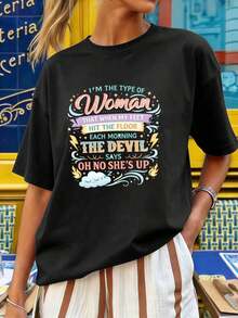 Camiseta gráfica divertida para mujer, top casual, tela premium, cuello redondo, ajuste fácil, cómoda, estilo hip-hop urbano. - Negro - Ver 6