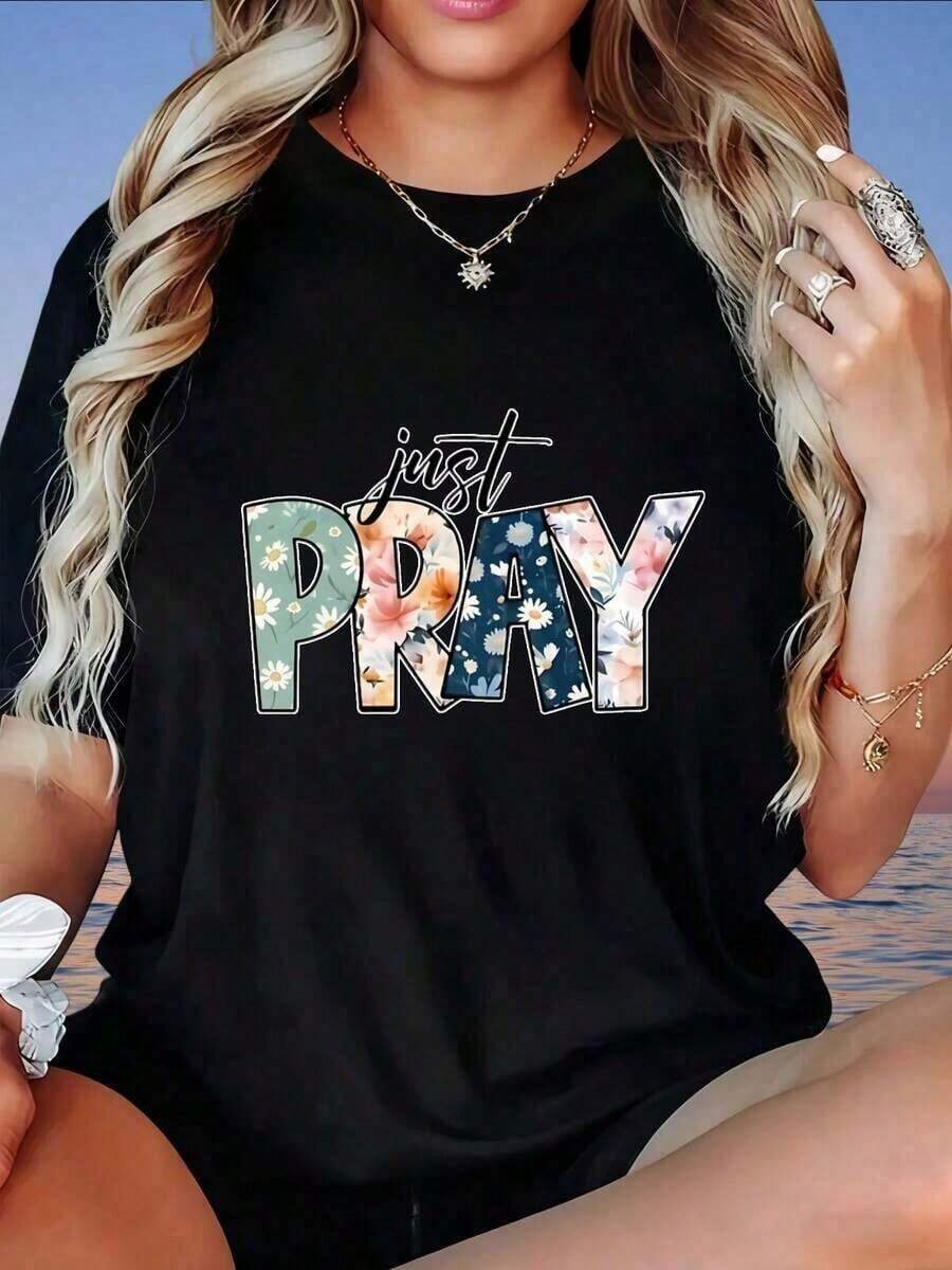 Camiseta de Mujer con Estampado Floral "Just Pray", Top Casual de Verano, Inspiración Religiosa, Manga Corta Holgada, 220g - Negro - Ver 1