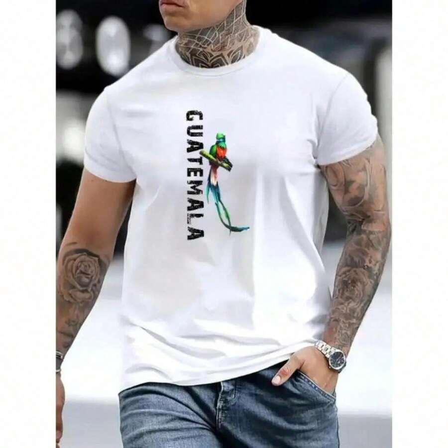 T-Shirt With Guatemalan-Inspired Design - Soft And Breathable Polyester, Crew Neck, Regular Fit, Casual Summer T-Shirt - Vibrant Bird Print, Comfortable Wear, Made In The USA. CELZ - 白色 - 查看 1