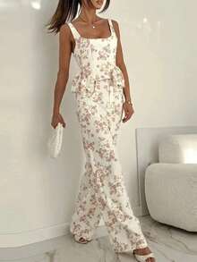 Conjunto casual primavera estilo europeo estampado con volantes elegante moda vacacional para mujer - Blanco - Ver 9