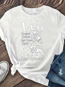 Camiseta Casual para Mujer con Gráfico del Zodíaco Leo - Estampado de León y Estrellas, Manga Corta, Cuello Redondo, Tejido Transpirable de Elasticidad Media, Lavable, para Primavera, Verano - Blanco - Ver 5