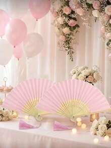 4pcs Value Set! Pink Bamboo Fan + Tassel + Bow + Storage Bag. Suitable For Wedding/Party/Daily Use. - Multicolor - View 9