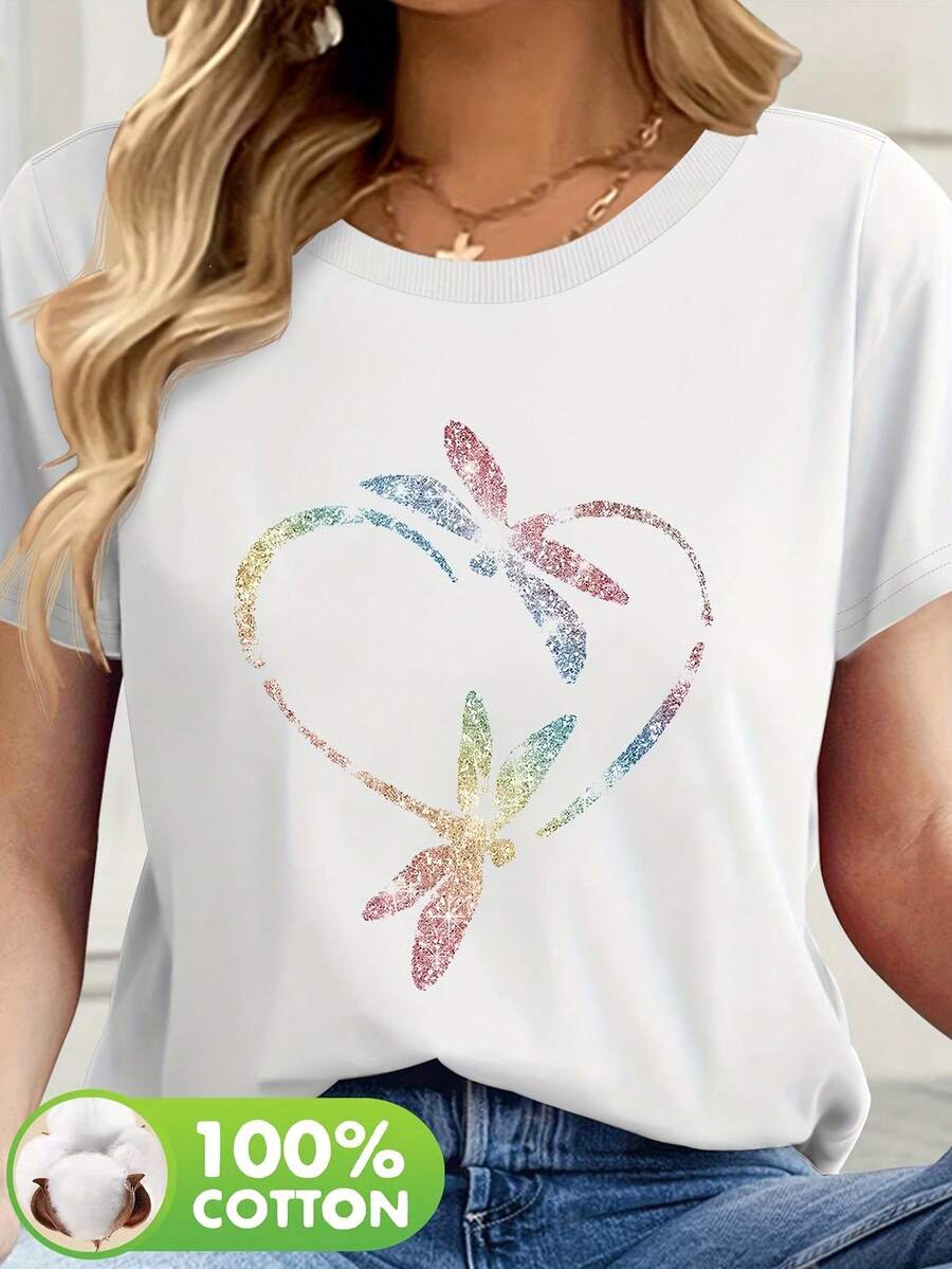 Camiseta de manga corta 100% algodón con estampado de libélula para mujer, camiseta básica de uso diario de verano, cuello redondo casual, lavable a máquina 79342-Camiseta unisex de algodón suelto de manga corta con cuello redondo estilo vintage, blusas para mujer. blusas.blusas casuales para dama. - Blanco - Ver 1