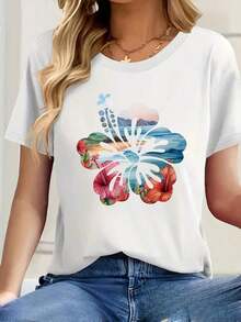FunnySkin - Camiseta de Verano para Mujer con Estampado Floral Tropical de Hibisco Hawaiano, Suave y Transpirable, Negra, de Manga Corta, Estilo Casual para Vacaciones en la Playa, Diseño de Ajuste Cómodo, Esencial para Viajes de Verano, Camisa de Manga Corta con Estampado Vibrante, Nuevo Artículo de Moda de Verano, Regalo para Vacaciones, Estilo Versátil para el Verano - Blanco - Ver 7