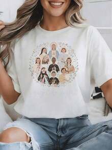 1 Pieza de Moda Casual para Hombres y Mujeres, Camiseta Holgada para Mujer Estilo Y2K, con Estampado de Santos Católicos, Diseñada Específicamente para Mujeres Cristianas, con un Estilo Urbano Vintage de los Años 2000 y un Corte Holgado. Hecho de 100% algodón, es un top de manga corta ideal para vacaciones de verano y días de descanso para mujeres. Versátil, fácil de combinar, adecuado para uso diario, estilo urbano, conjuntos de vacaciones y atuendos de fin de semana. - Blanco - Ver 6