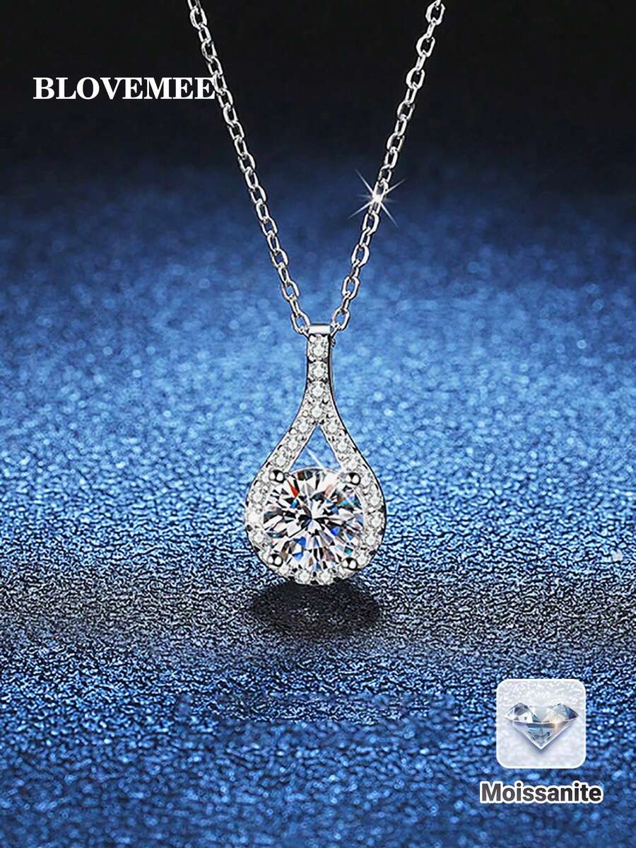 1pc Elegant And Luxurious 925 Silver 1 Carat Moissanite Diamond Necklace, Suitable For Women's Daily Wear, Work, Party, And Jewelry Gift - Silver - View 1
