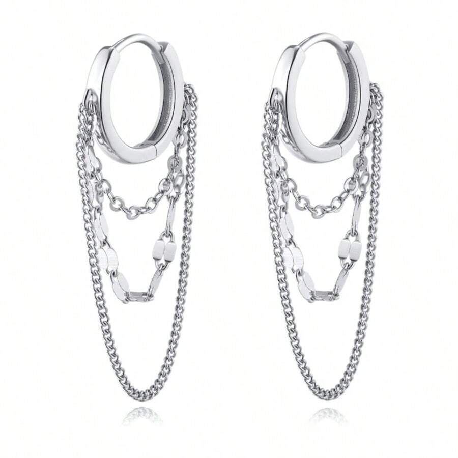 Vintage Tassel 3-Chain Pendant Earrings, Delicate Lip Chain Earring Necklace Hoop Earrings For Women & Teenagers - Silver - View 1