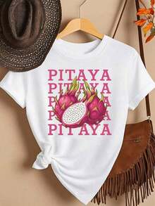 Casual T-Shirt With Dragon Fruit (Pitaya) Graphic Print, Short Sleeve, Round Neck, Casual Top For Spring/Summer, Women's Clothing, 100% Cotton, Durable - 白色 - 查看 7