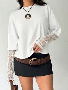 Women's Solid Color T-Shirt With Minimalist Lace Sleeves For Everyday Wear - 白色的 - 查看 3